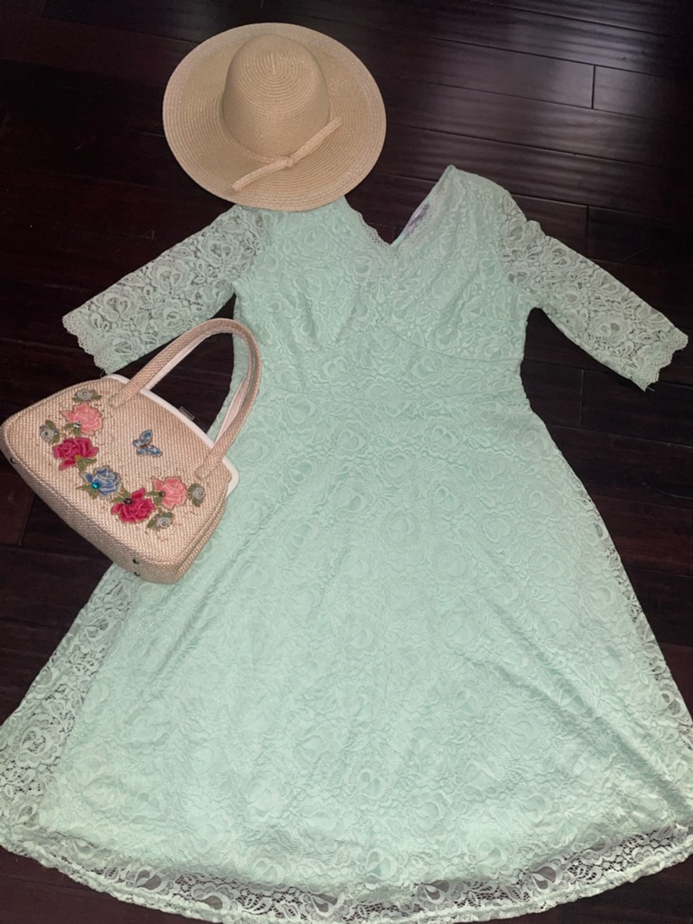 Mint Green Lace Midi Dress, V Neck, Cottagecore Feminine Vintage Inspired, 2X